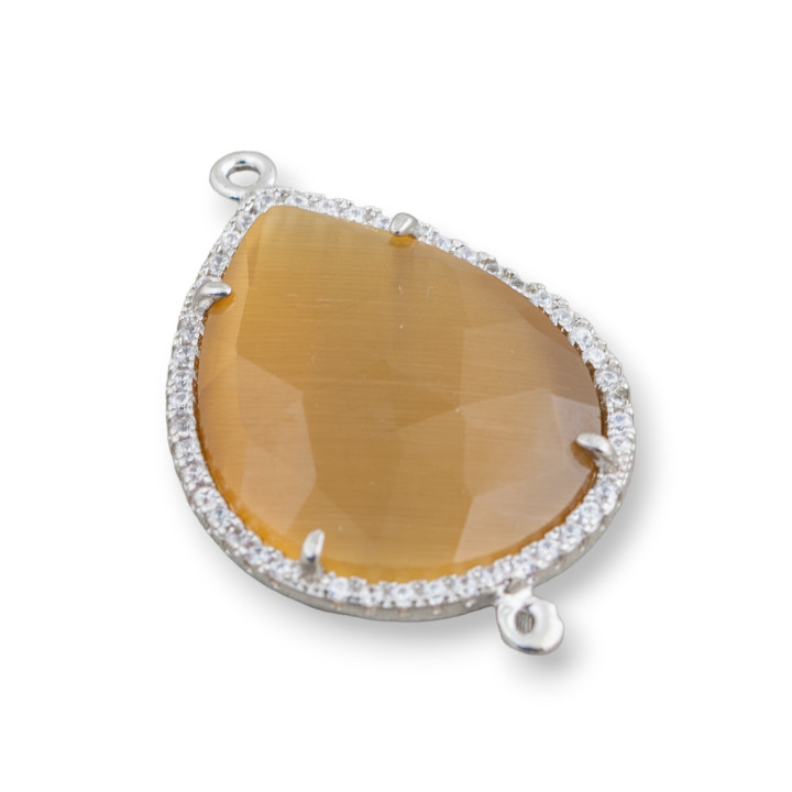 Conector de componente de latón con ojo de gato incrustado y circonitas de gota 22x30 mm con 2 anillos 6 piezas Chi marrón rodio