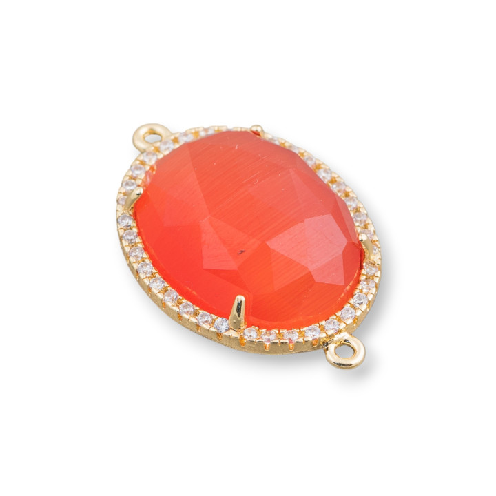 Conector Componente Latón Con Ojo De Gato Incrustado Y Circonitas Ovalado 18x23mm Espesor 7mm Con 2 Anillos 6pcs Dorado