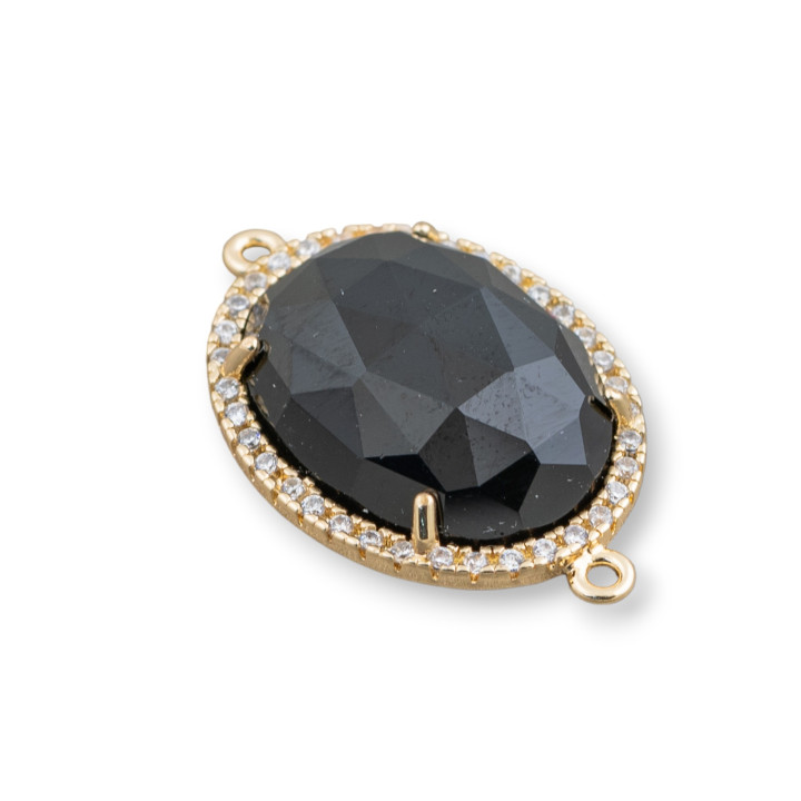 Brass Component Connector with Cat's Eye Set and Oval Zircons 18x23mm Thickness 7mm With 2 Rings 6pcs Golden