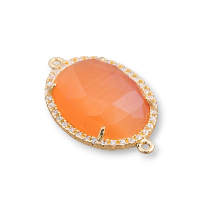 Connecteur Laiton Oeil de Chat et Zircons Ovale 18x23mm Epaisseur 7mm Avec 2 Anneaux 6pcs Doré