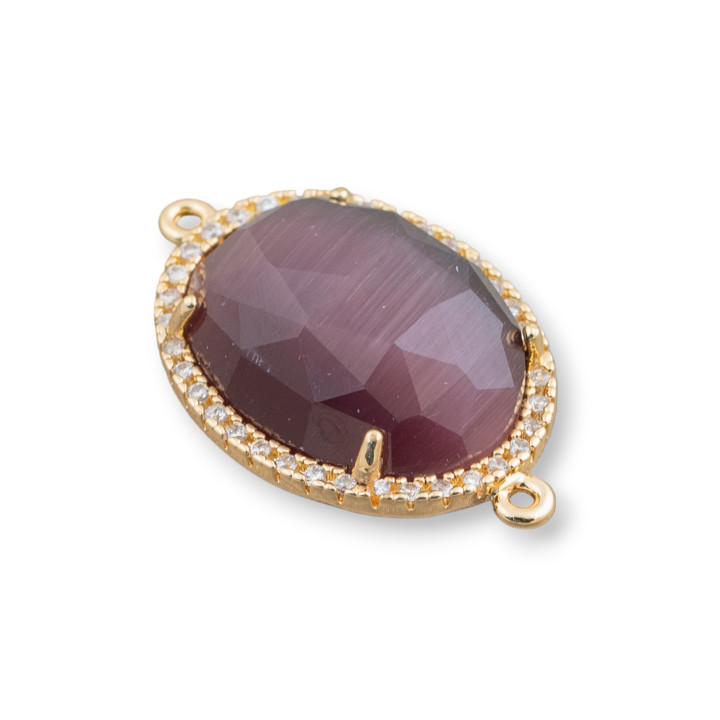 Connecteur Laiton Oeil de Chat et Zircons Ovale 18x23mm Epaisseur 7mm Avec 2 Anneaux 6pcs Doré