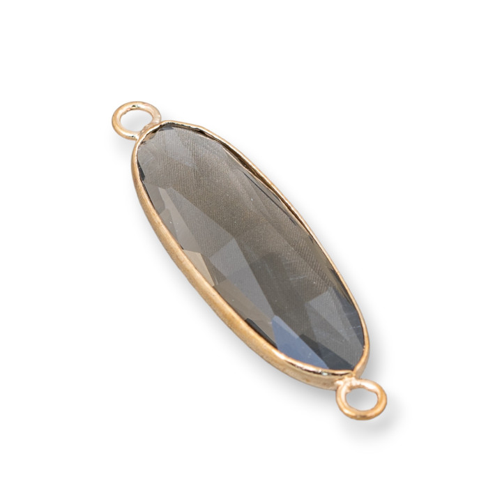 Messing-Komponentenverbinder mit eingebetteten Kristallen, oval, 11 x 38 mm, 10 Stück, golden geräuchert