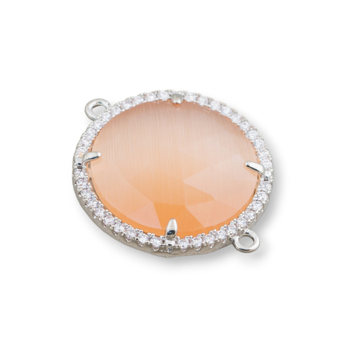 Connecteur Composant Laiton Avec Oeil de Chat et Zircons Intégrés 20mm 6pcs Pêche Plaqué Rhodium