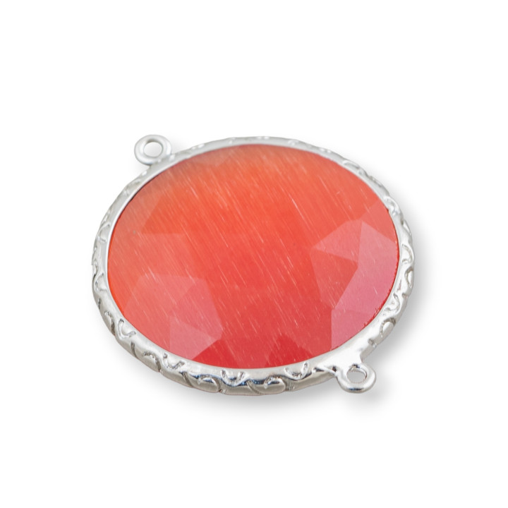 Connecteur de composant en laiton oeil de chat rond de 25 mm avec 2 anneaux 10pcs plaqué rhodium orange