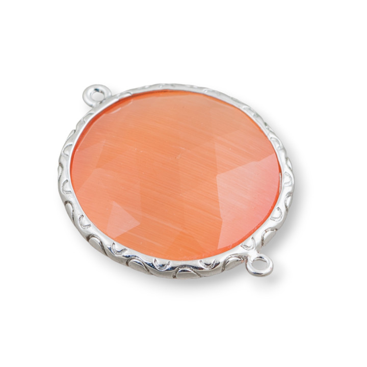 25mm Round Cat's Eye Brass Component Connector with 2 Rings 10pcs Rhodium Plated Peach