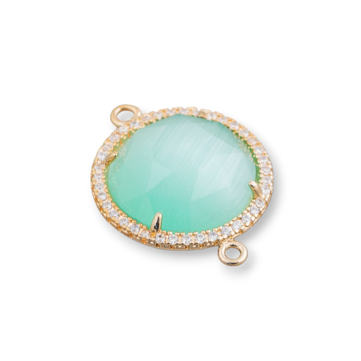 Brass Component Connector with Cat's Eye Set and Round Zircons 19mm Thickness 7mm 6pcs Golden Water Green