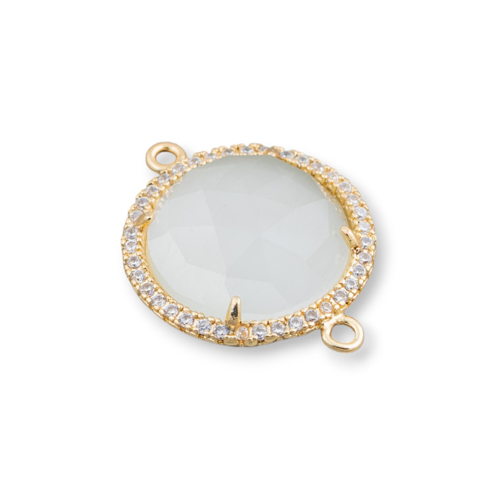 Brass Component Connector with Cat's Eye Set and Round Zircons 19mm Thickness 7mm 6pcs White Golden