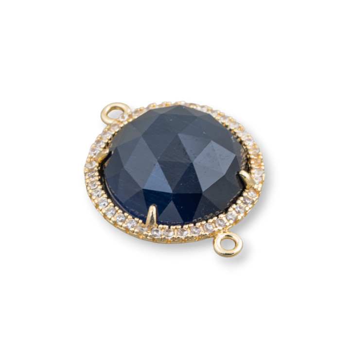 Connecteur Composant Laiton avec Oeil de Chat Intégré et Zircons Ronds 19mm Epaisseur 7mm 6pcs Doré Bleu Foncé