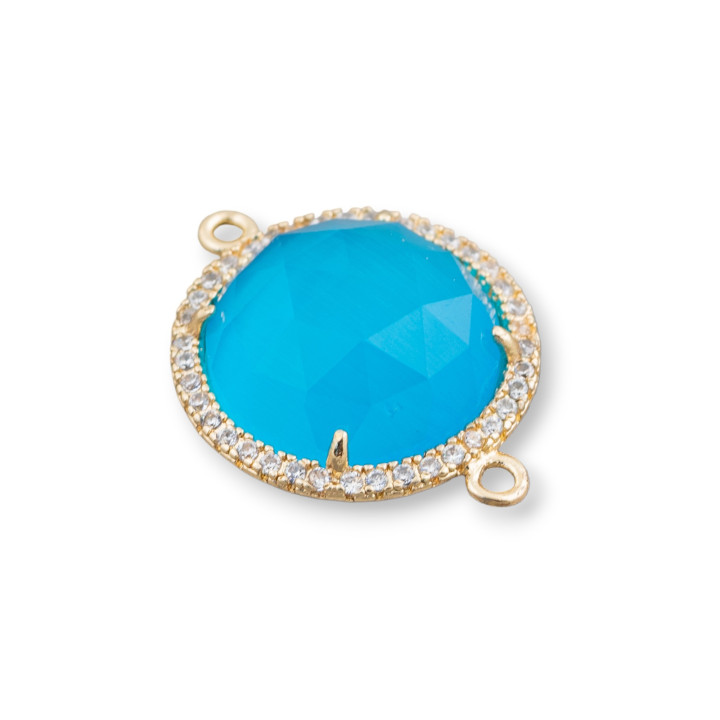 Connecteur de composant en laiton avec œil de chat intégré et zircons ronds 19 mm d'épaisseur 7 mm 6 pièces bleu ciel doré