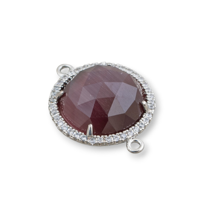 Connecteur Composant Laiton avec Oeil de Chat Intégré et Zircons Ronds 19mm Epaisseur 7mm 6pcs Plaqué Rhodium Violet