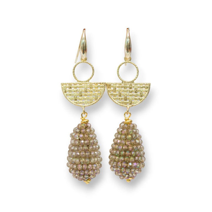 Pendientes De Gancho De Plata De Ley 925 Con Cesta Central De Bronce Y Colgante De Cristales De Mora 18x70mm Marrón