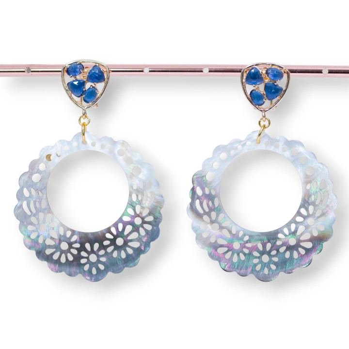 Boucles D'oreilles Tiges Fermées En Bronze Oeil De Chat Serti Et Nacre Ajourée Bleue