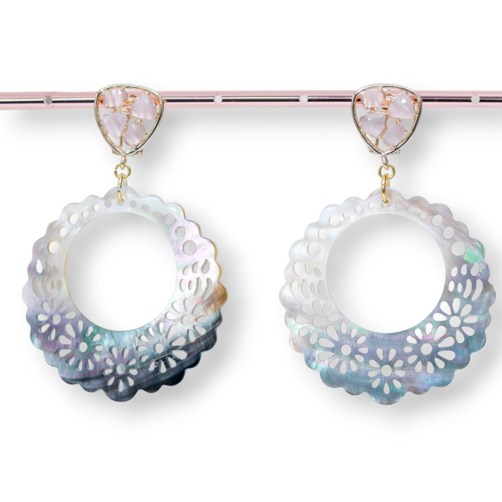 Closed Bronze Stud Earrings With Set Cat's Eye And Perforated Mother-of-pearl Powder