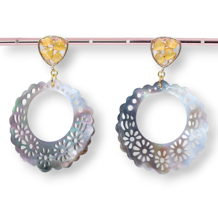 Pendientes Bolitas Cerrados De Bronce Con Engaste Ojo De Gato Y Nácar Amarillo Perforado