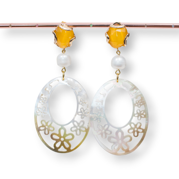 Boucles d'Oreilles Clous Fermées en Bronze avec Oeil de Chat Serti et Nacre Ovale Perforée avec Perles du Fleuve Jaune
