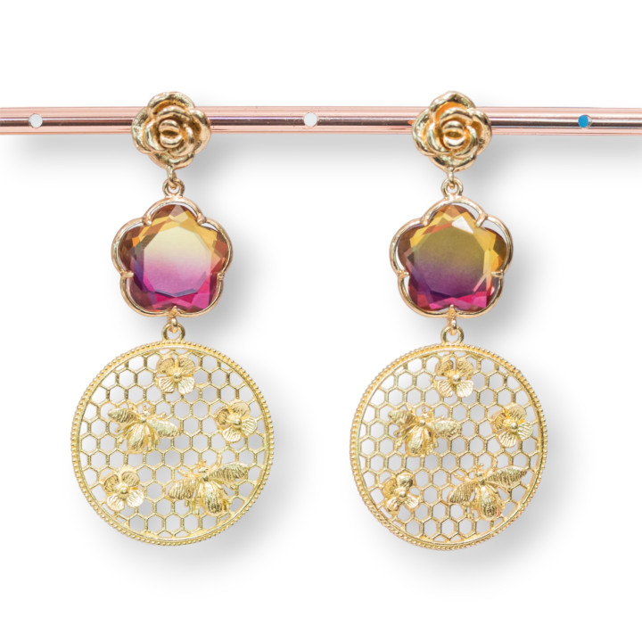 Boucles d'Oreilles Tige Bronze Rose avec Centre Fleur Oeil de Chat et Pendentif Cercle Usiné Bronze 30x65mm MOD 1