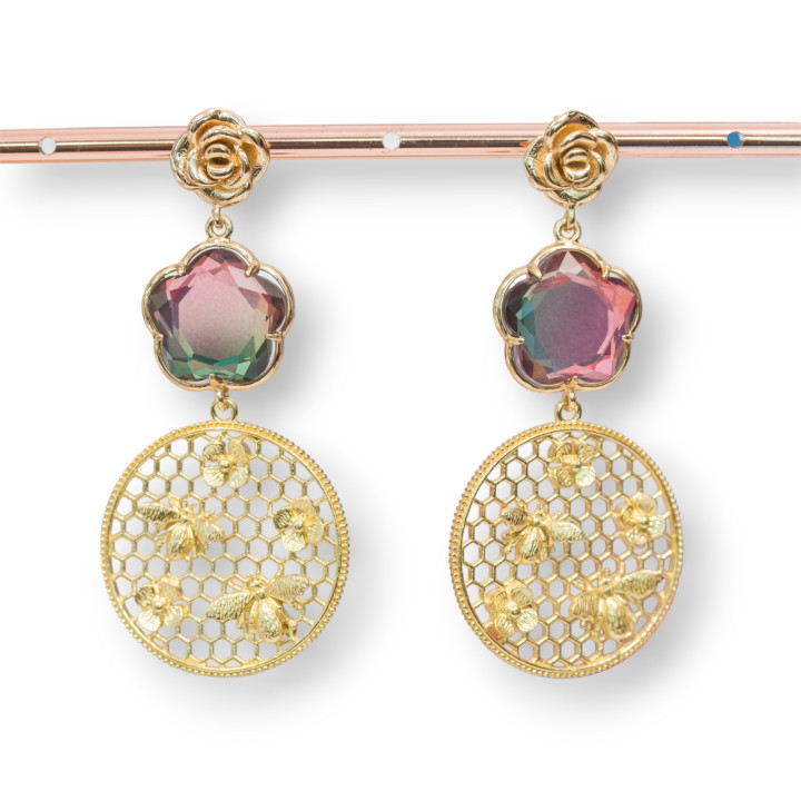 Aretes de Bronce Rosa con Centro de Flor Ojo de Gato y Colgante de Círculo Maquinado en Bronce 30x65mm MOD 3