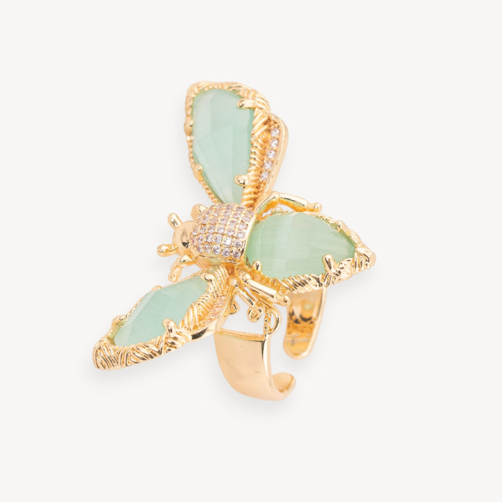 Bronze Ring With Bee Cat's Eye 31x45mm Adjustable Size Golden Aqua Green