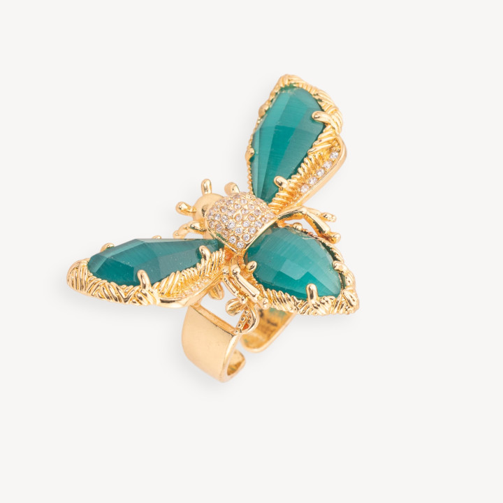 Anello Regolabile in Bronzo Dorato Collezione NATURE con Occhio Di Gatto Ad Ape 31x45mm   Verde Smeraldo | Gioiello Artigianale