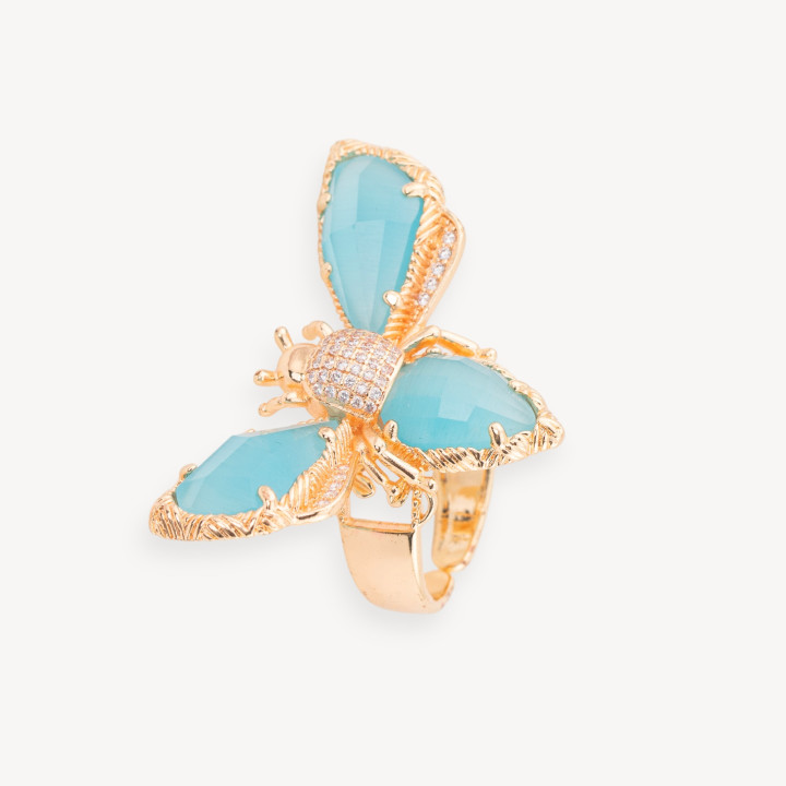 Anello Regolabile in Bronzo Dorato Collezione NATURE con Occhio Di Gatto Ad Ape 31x45mm   Acqua | Gioiello Artigianale Donna