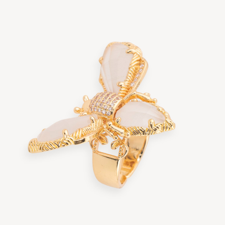 Anello Regolabile in Bronzo Dorato Collezione NATURE con Occhio Di Gatto Ad Ape 31x45mm   Bianco | Gioiello Artigianale Donna