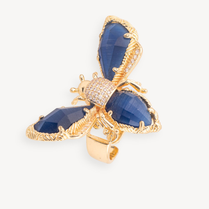 Bronze Ring With Bee Cat's Eye 31x45mm Adjustable Size Golden Blue Sapphire