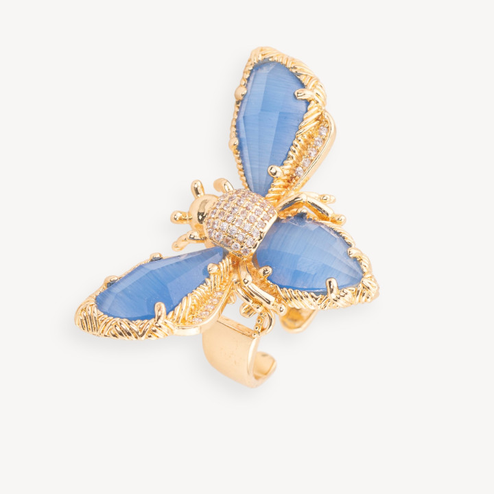 Bronze Ring With Bee Cat's Eye 31x45mm Adjustable Size Golden Light Blue