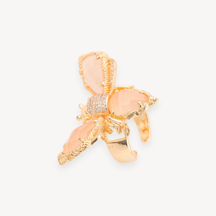 Anillo De Bronce Con Ojo De Gato Y Abeja 31x45mm Talla Ajustable Dorado Champán