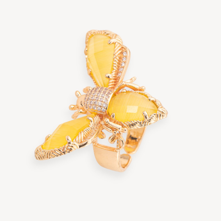 Bague Bronze Oeil De Chat Et Abeille 31x45mm Taille Ajustable Doré Jaune