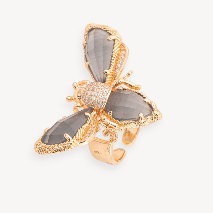 Bronze Ring With Bee Cat's Eye 31x45mm Adjustable Size Golden Gray