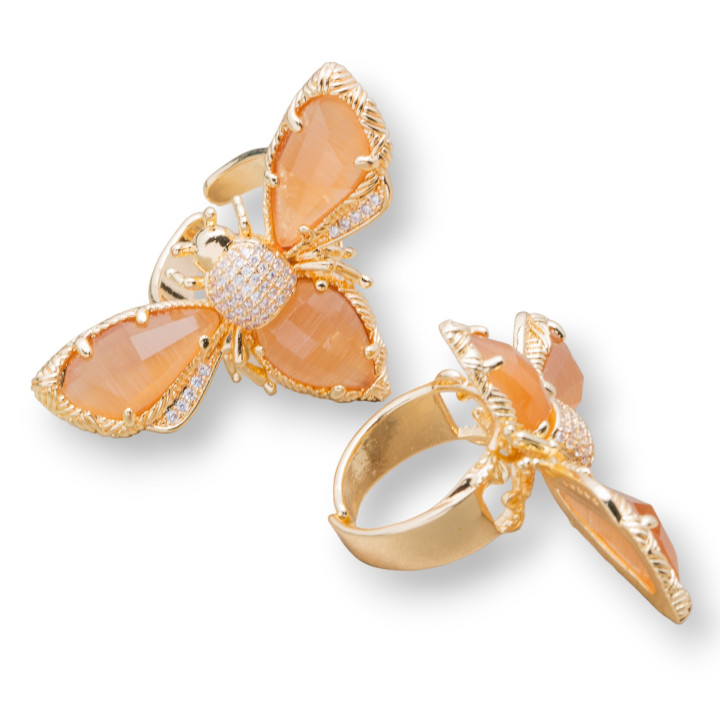 Anello Regolabile in Bronzo Dorato Collezione NATURE con Occhio Di Gatto Ad Ape 31x45mm   Marrone Chiaro | Gioiello Artigianale
