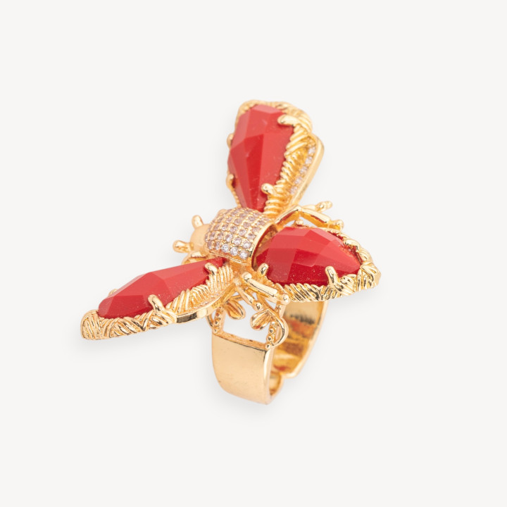 Bronze Ring With Bee Cat's Eye 31x45mm Adjustable Size Red Golden