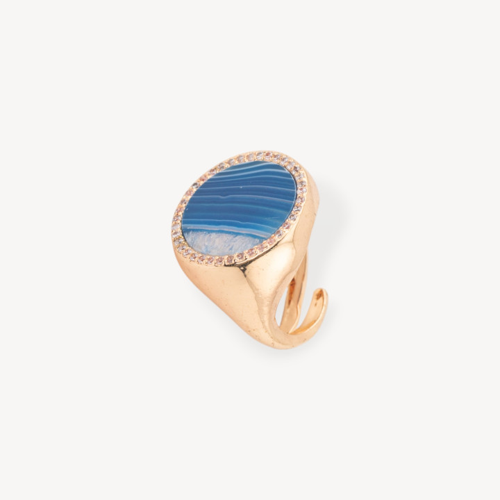 Bague Bronze Avec Plaque Pierre Naturelle Avec Zircons 20mm Taille Ajustable Agate Rayée Bleue