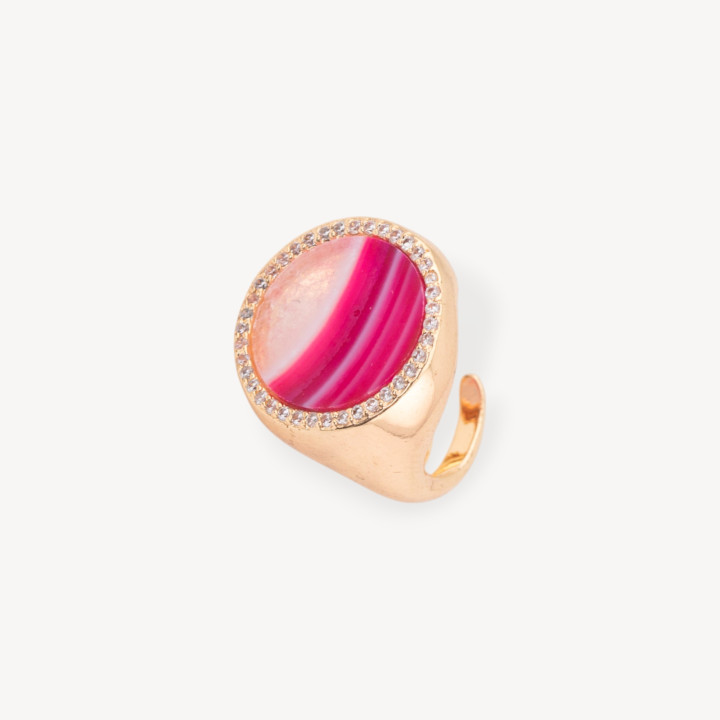 Bronze Ring With Natural Stone Plate With Zircons 20mm Adjustable Size Fuchsia Striated Agate
