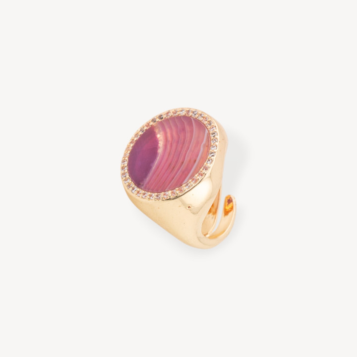 Bronze Ring With Natural Stone Plate With Zircons 20mm Adjustable Size Purple Striated Agate