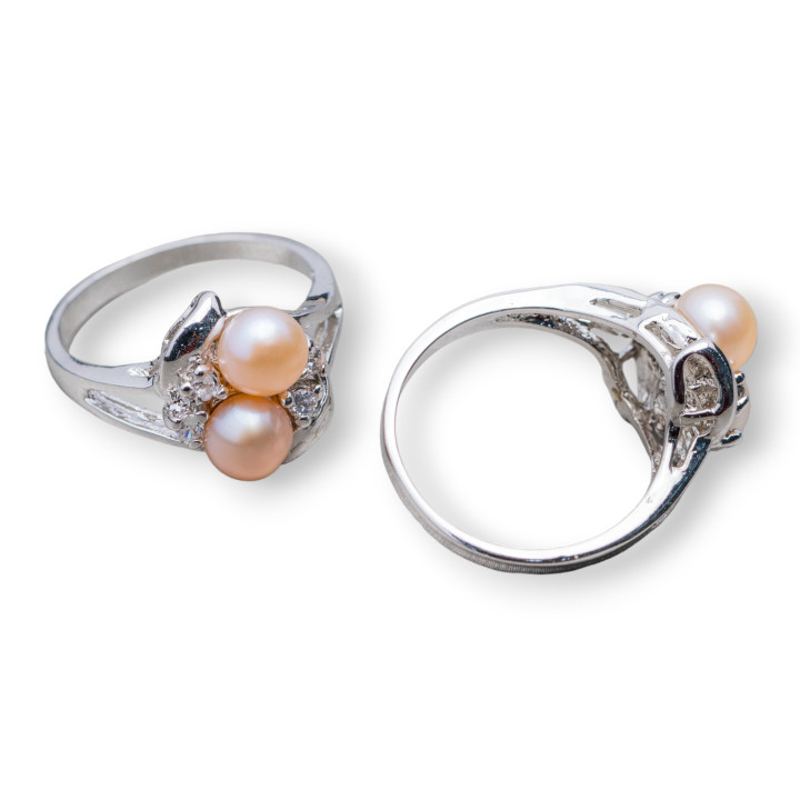 Anillo De Bronce Rodiado Y Perlas De Rio Con 3 Puntos De Luz 13x19mm Rosa