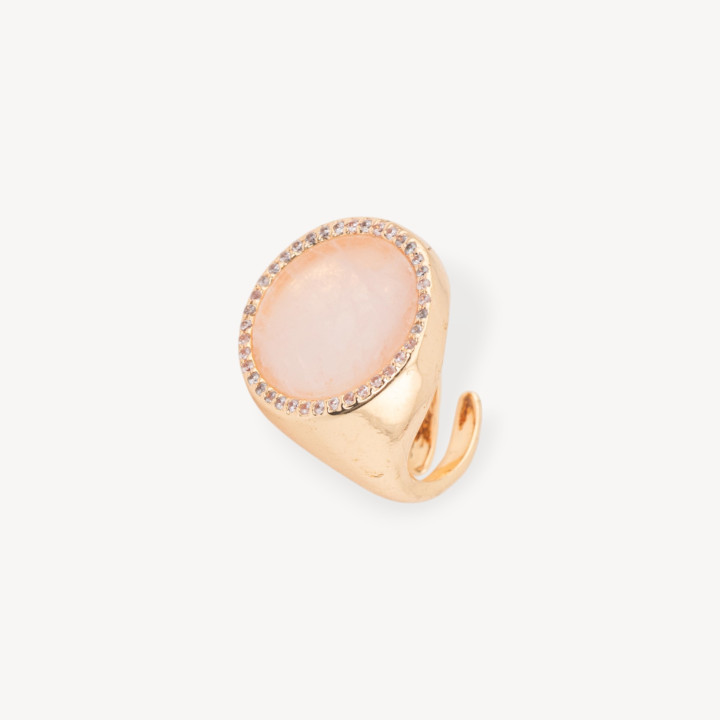 Anello Di Bronzo Con Pietra Naturale A Piastra Con Zirconi 20mm Misura Regolabile Quarzo Rosa
