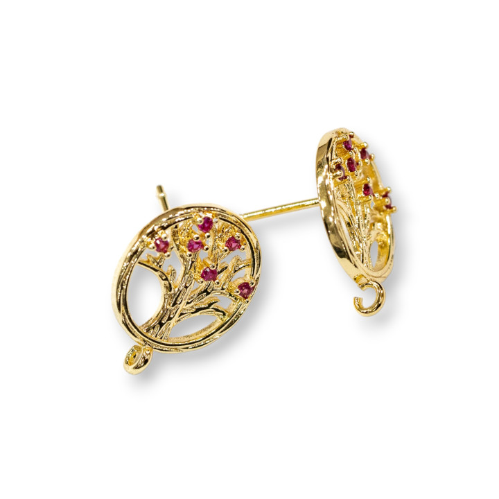 Bronze Round Stud Earring Base with Tree of Life and Zircons 15mm 10 Pairs