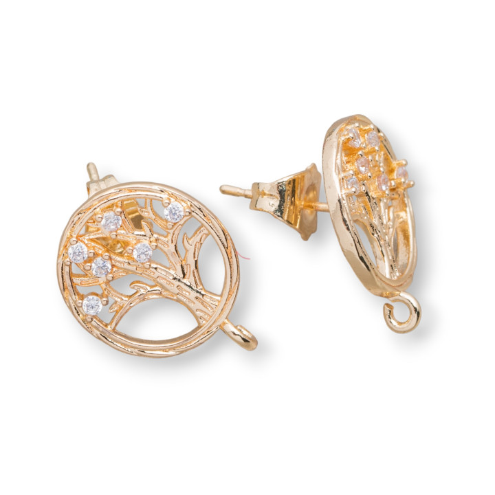 Base for Bronze Round Stud Earrings with Tree of Life and Zircons 15mm 10 Pairs White