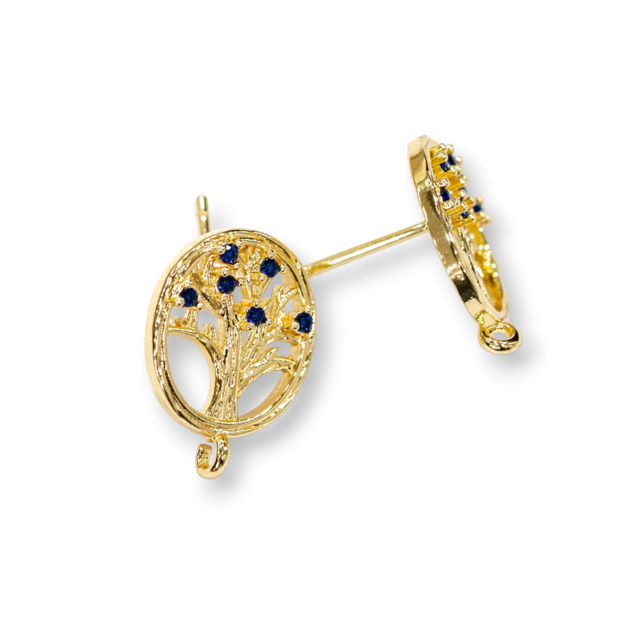 Base for Bronze Round Stud Earrings with Tree of Life and Zircons 15mm 10 Pairs Blue