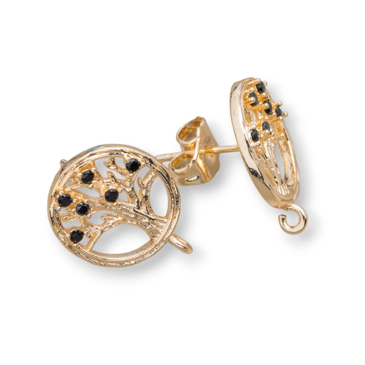 Base for Bronze Round Stud Earrings with Tree of Life and Zircons 15mm 10 Pairs Black
