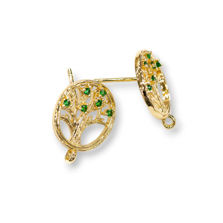 Bronze Round Stud Earring Base with Tree of Life and Zircons 15mm 10 Pairs Green