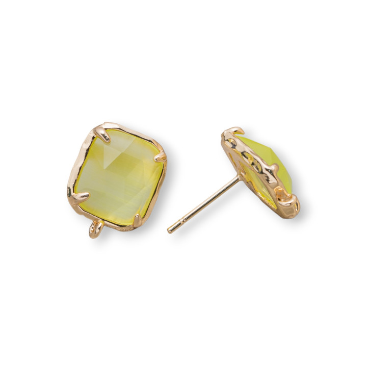 Rectangle Faceted Cat's Eye Brass Earring Stud Base 10.5x13mm 5 Pairs Light Yellow