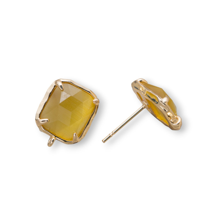 Base Per Orecchini Di Ottone A Perno Con Occhio Di Gatto Sfaccettato Rettangolo 10,5x13mm 5 Paia Marrone