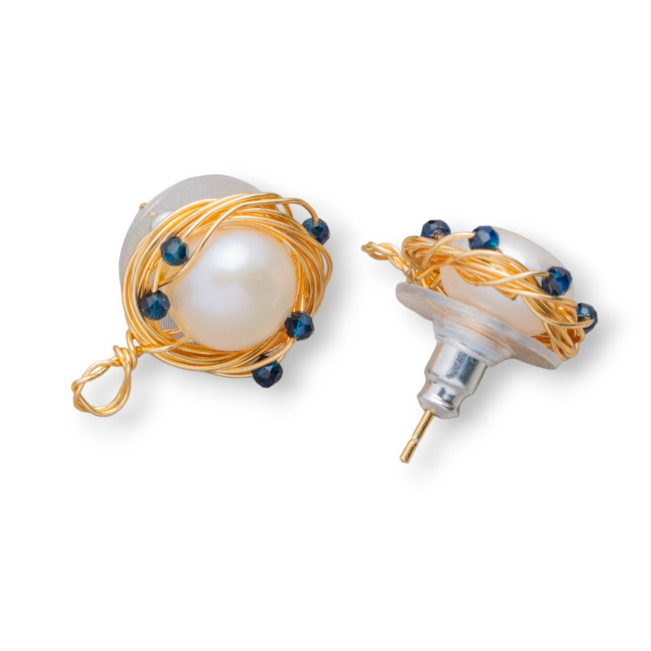 925 Silver Stud Earring Bases with Bronze River Pearls and Zircons 13mm 3 Pairs Blue