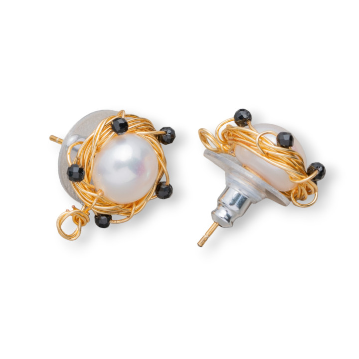 925 Silver Stud Earring Bases with Bronze River Pearls and Zircons 13mm 3 Pairs Black