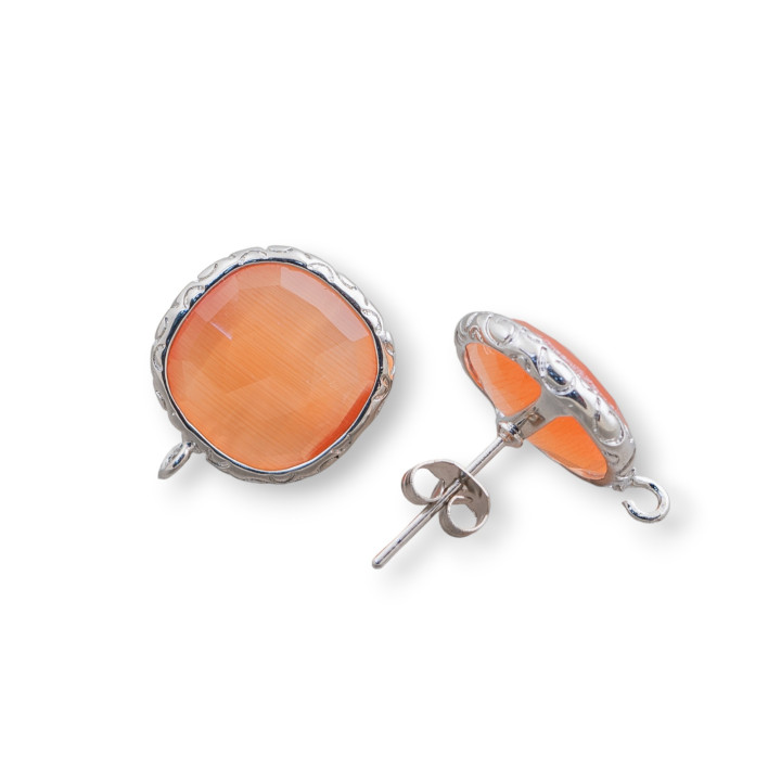 Bronze Earring Bases with Crystals Set Square 15mm 5 Pairs Rhodium Plated Peach