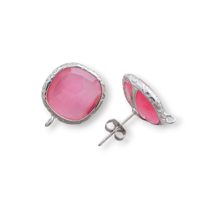 Bronze Earring Bases with Crystals Set Square 15mm 5 Pairs Rhodium Plated Fuscia