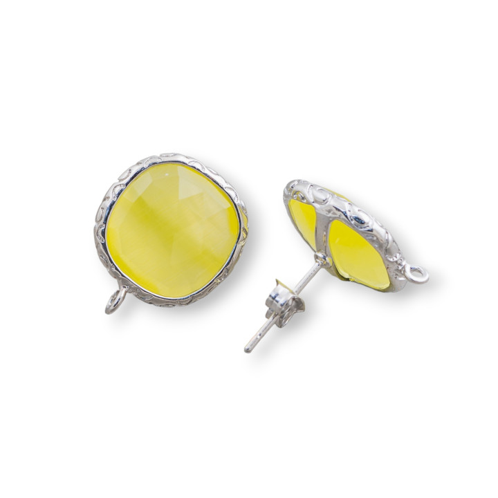 Bases Pour Boucles D'Oreilles Bronze Avec Cristaux Serti Carré 15mm 5 Paires Jaune Rhodié