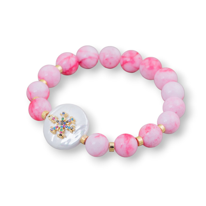 Bracciale Elastico Con Pietre Dure E Cabochon Di Perle Di Maiorca Con Rondelle Di Ematite 10mm